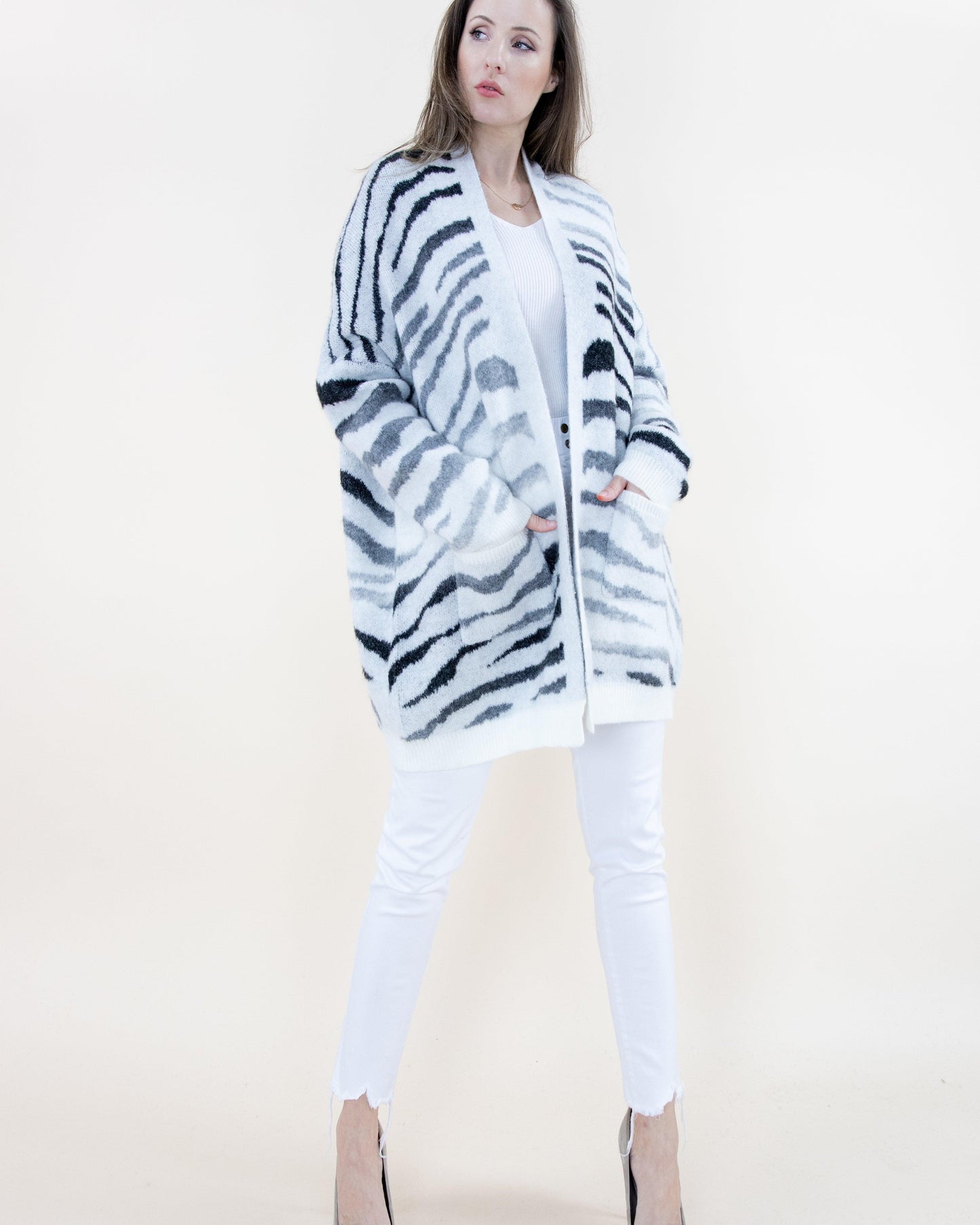 Tiger Print Cardigan with Pockets