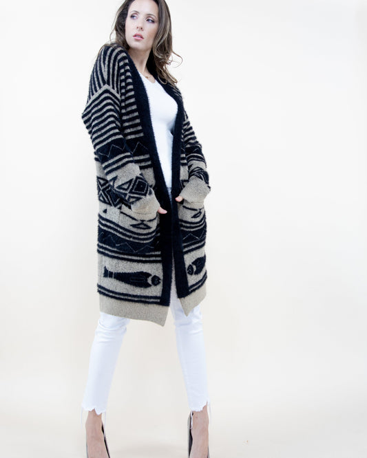 Snake Eye Ethnic Cardigan with Stripe Details