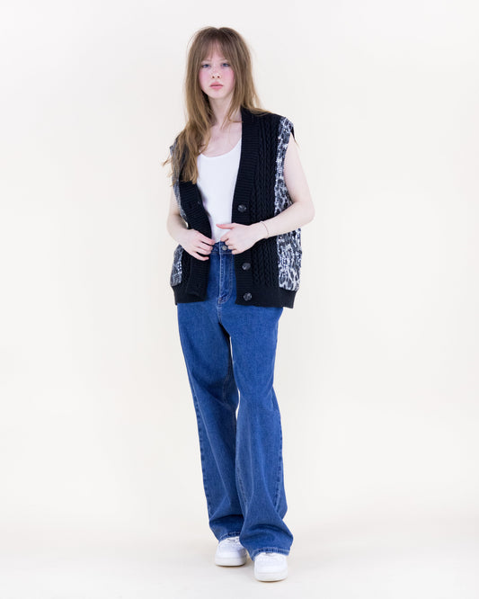 Sequin Leopard Cable Stitch Boyfriend Vest