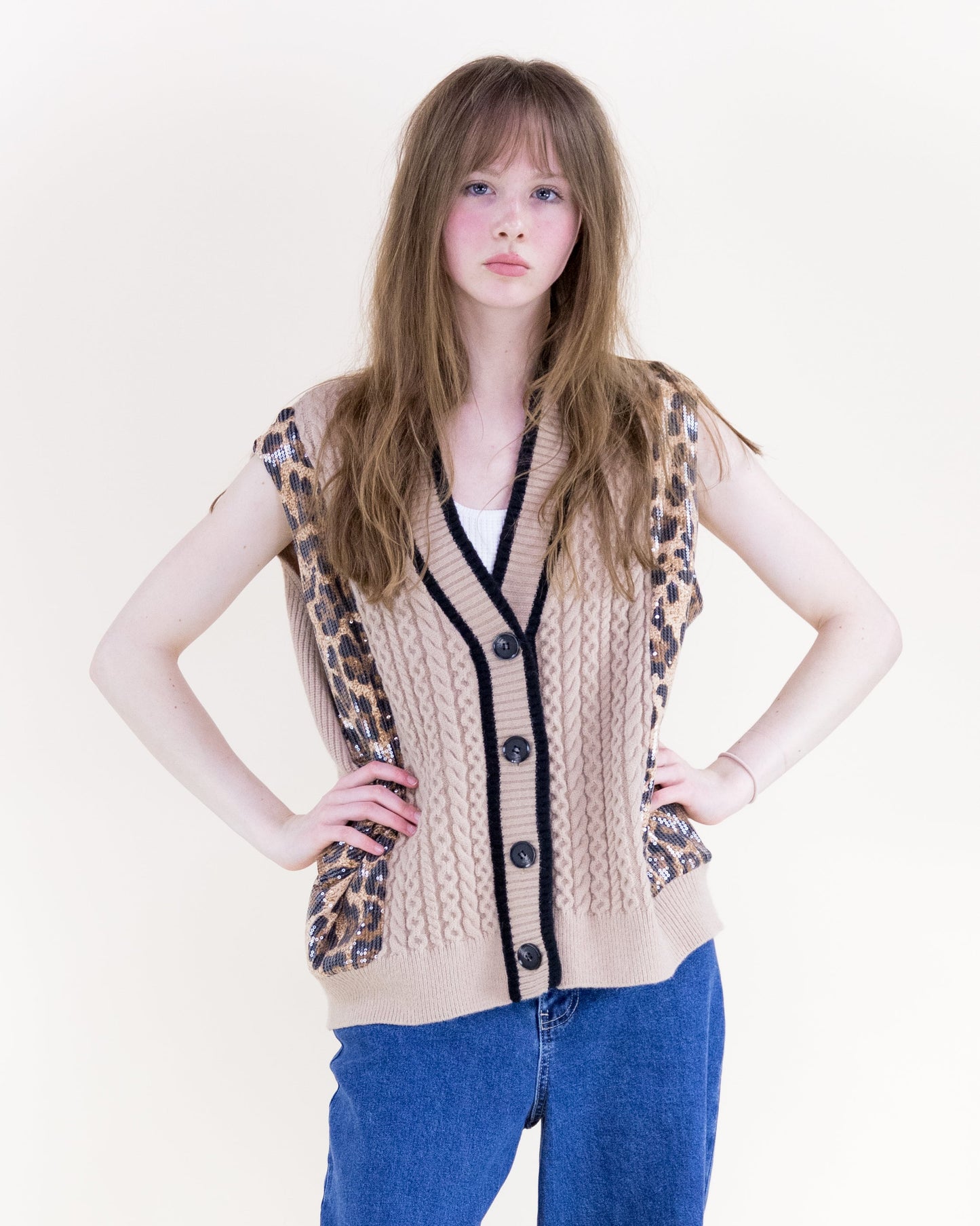 Sequin Leopard Cable Stitch Boyfriend Vest