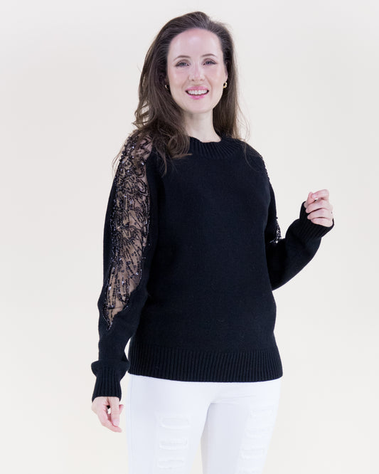 Beads & Pearls Embellished Sheer Sleeves Sweater - S/M, L/XL