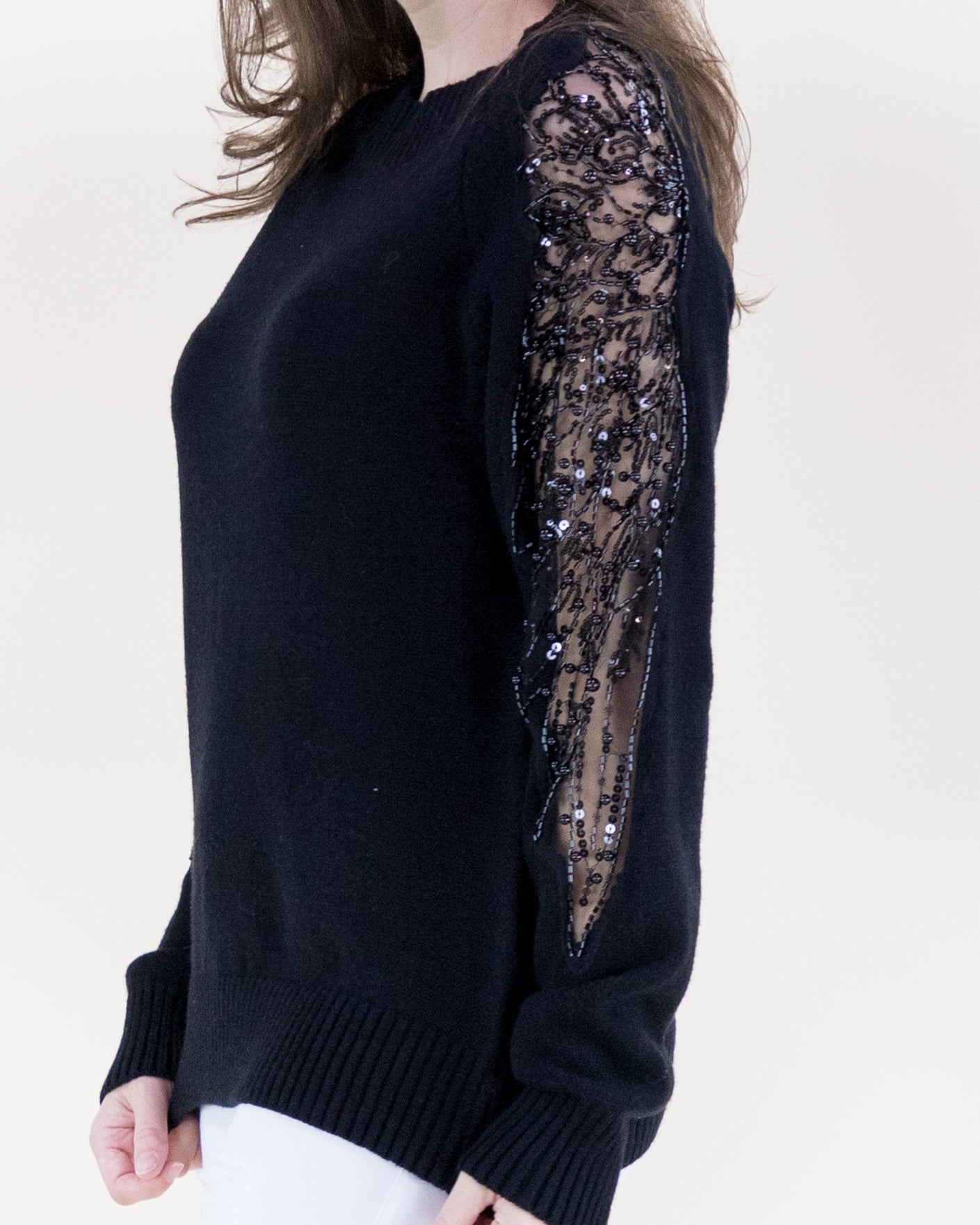 Beads & Pearls Embellished Sheer Sleeves Sweater - S/M, L/XL