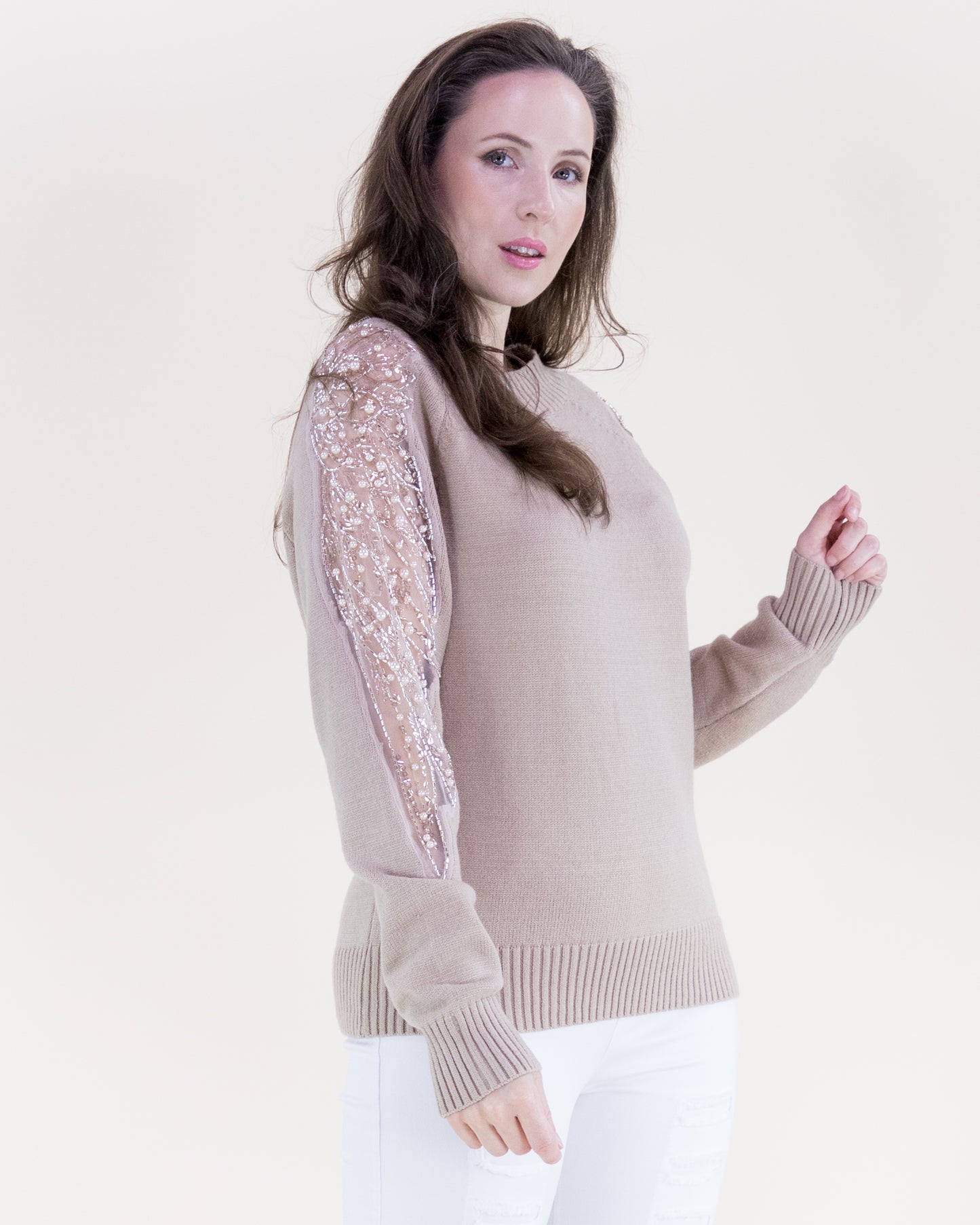 Beads & Pearls Embellished Sheer Sleeves Sweater - S/M, L/XL