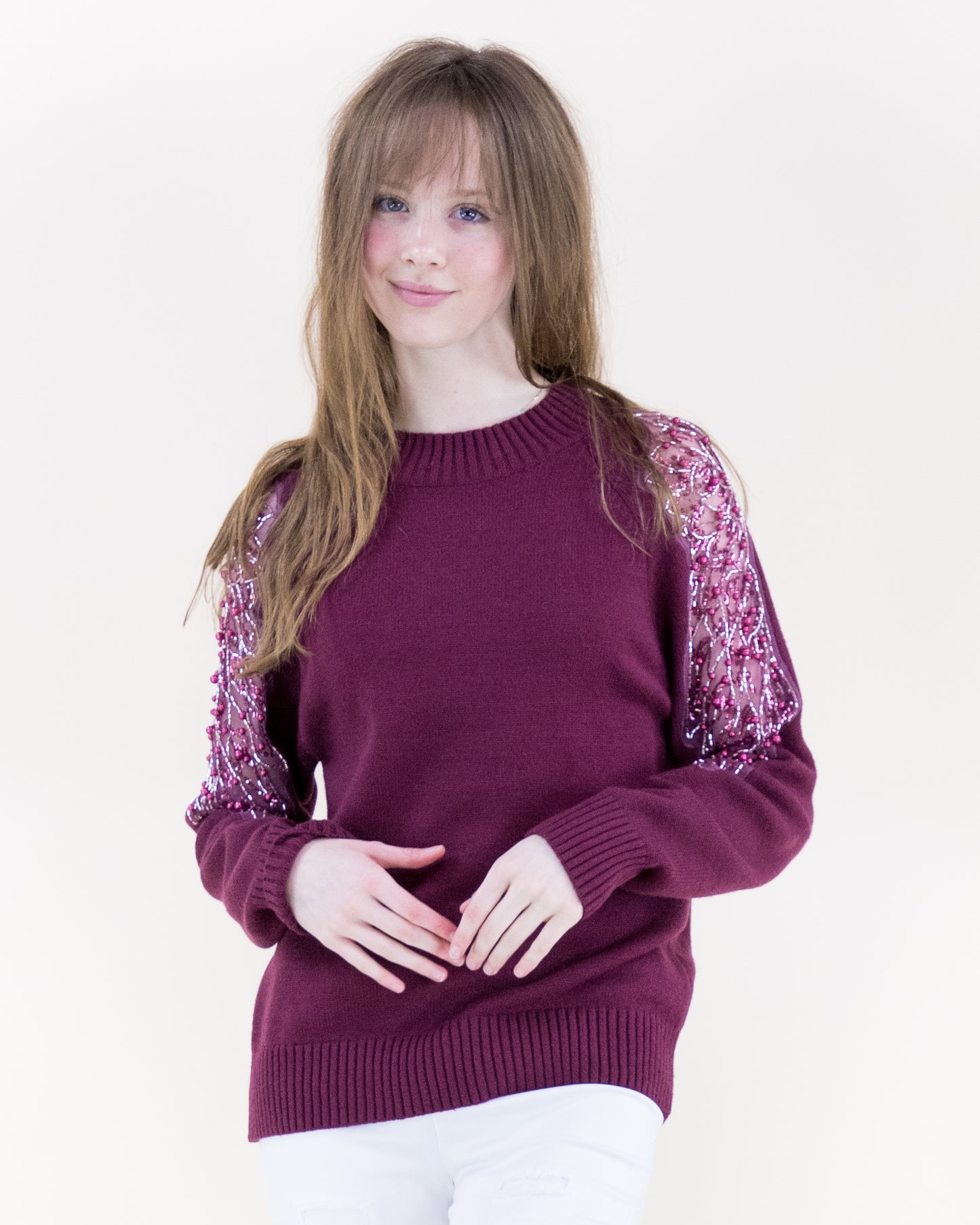 Beads & Pearls Embellished Sheer Sleeves Sweater - S/M, L/XL