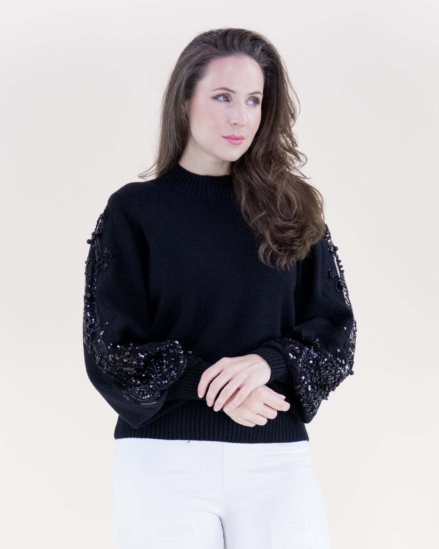 Beaded Floral Sleeves Mock Turtle Neck Sweater