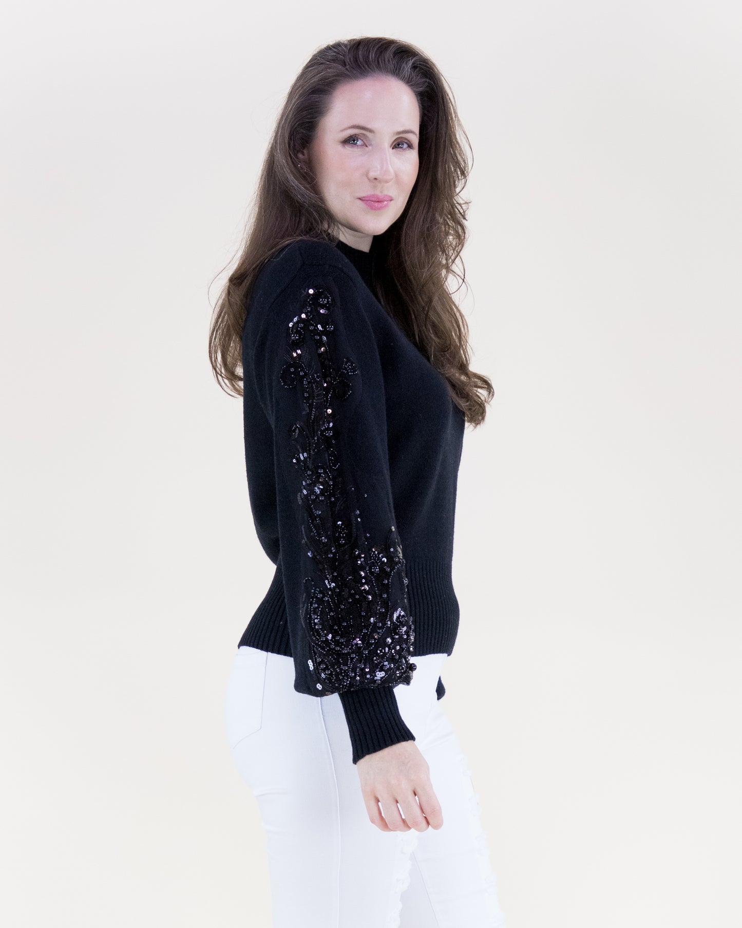 Beaded Floral Sleeves Mock Turtle Neck Sweater