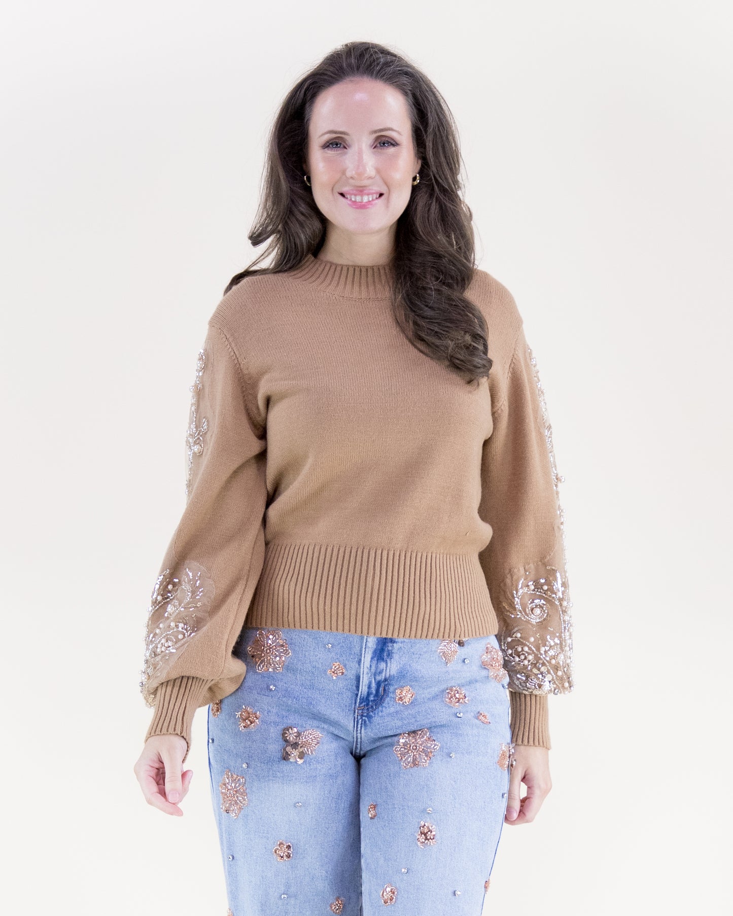 Beaded Floral Sleeves Mock Turtle Neck Sweater