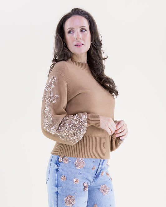 Beaded Floral Sleeves Mock Turtle Neck Sweater