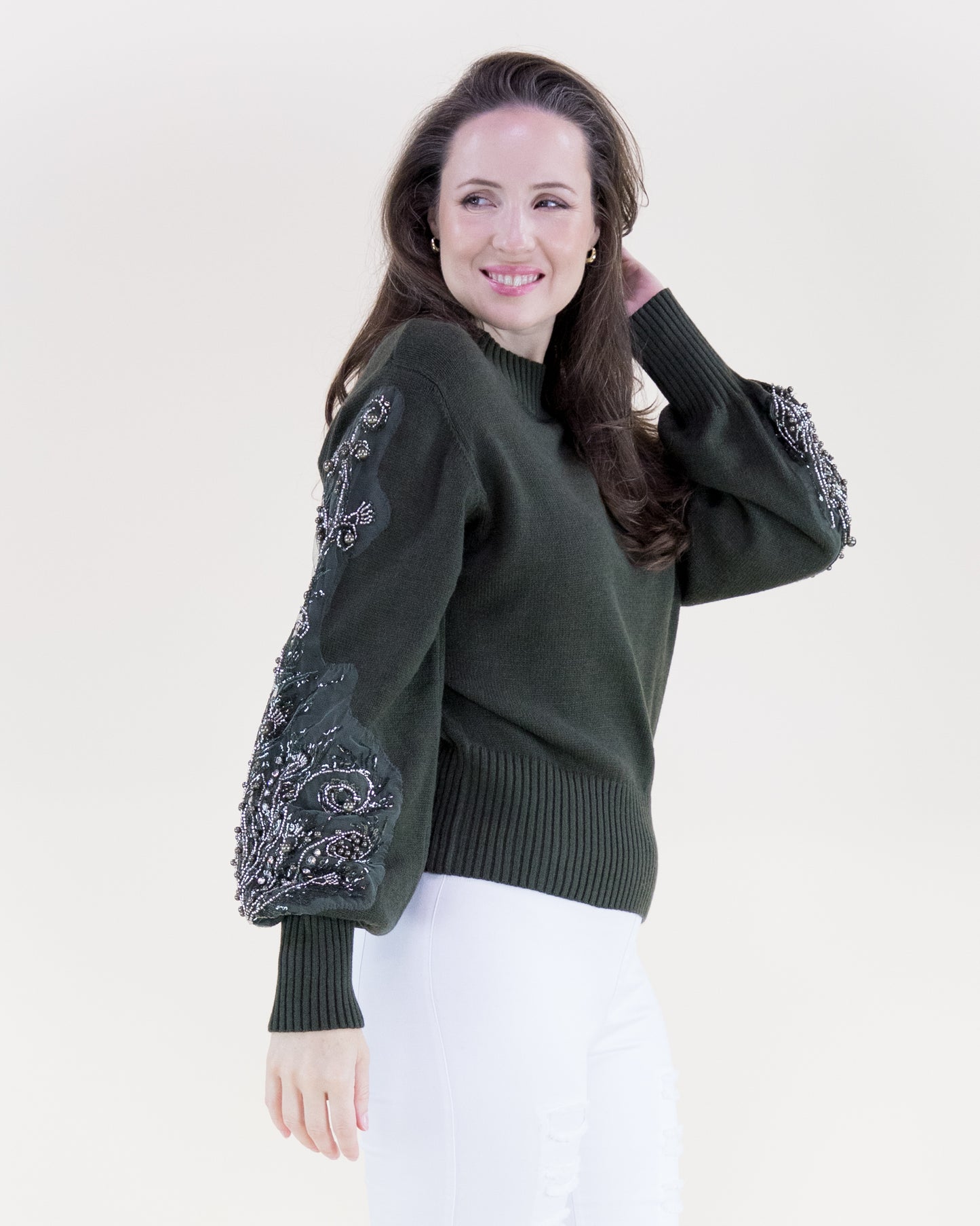 Beaded Floral Sleeves Mock Turtle Neck Sweater