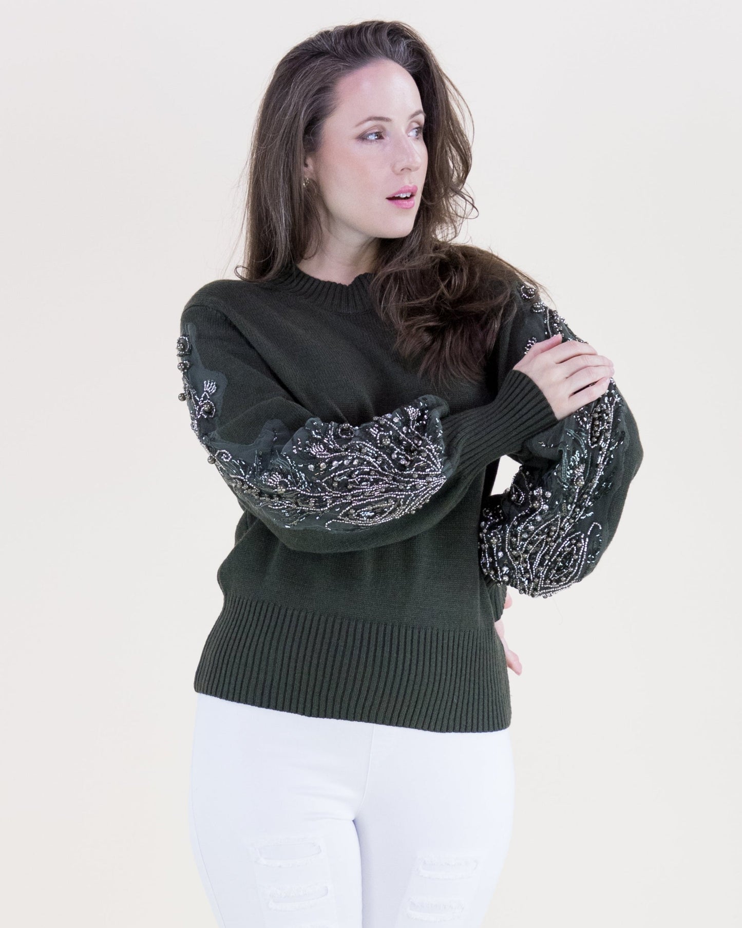 Beaded Floral Sleeves Mock Turtle Neck Sweater