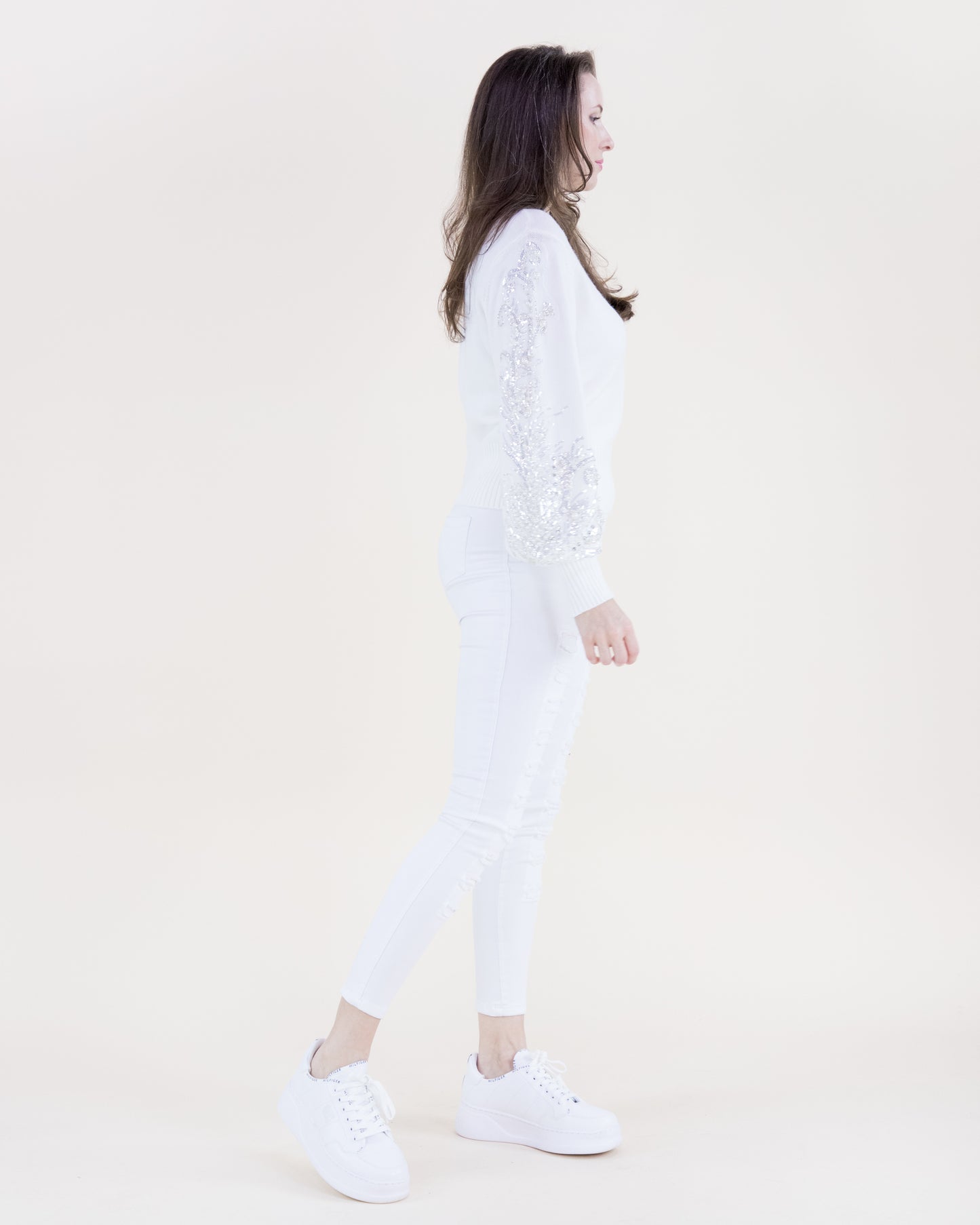 Beaded Floral Sleeves Mock Turtle Neck Sweater