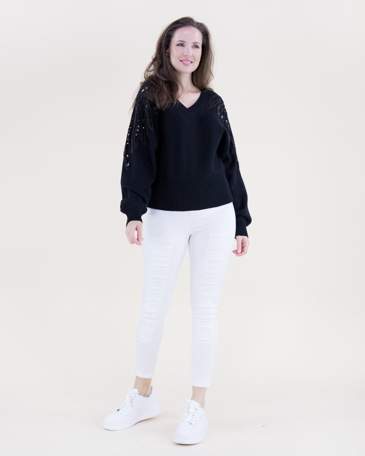 Tonal Beaded Feather Shoulder Embellished Sweater