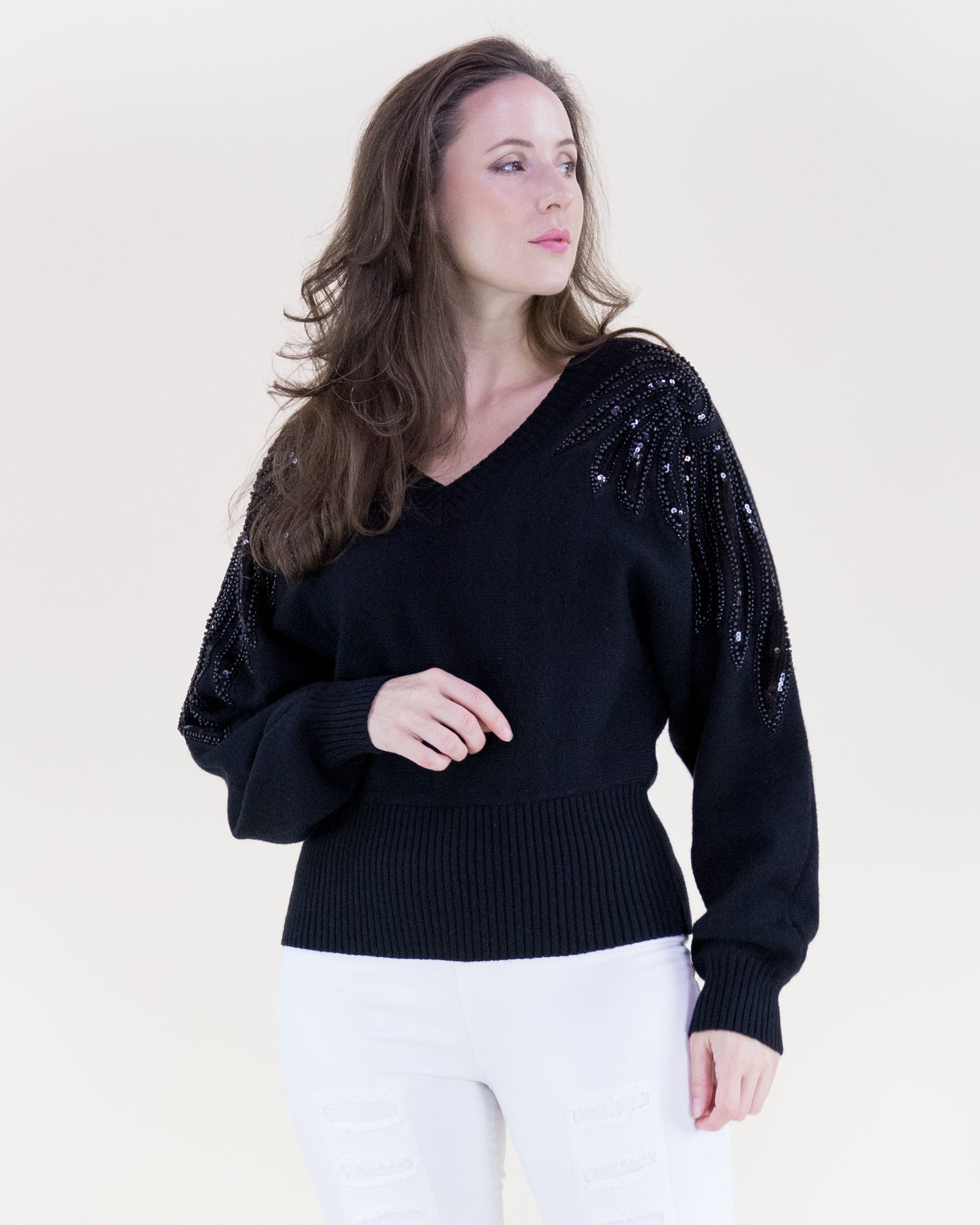 Tonal Beaded Feather Shoulder Embellished Sweater