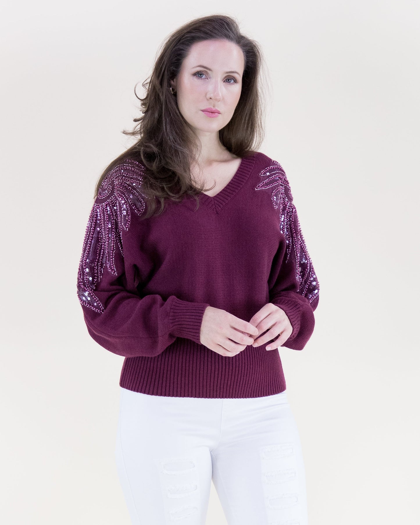 Tonal Beaded Feather Shoulder Embellished Sweater