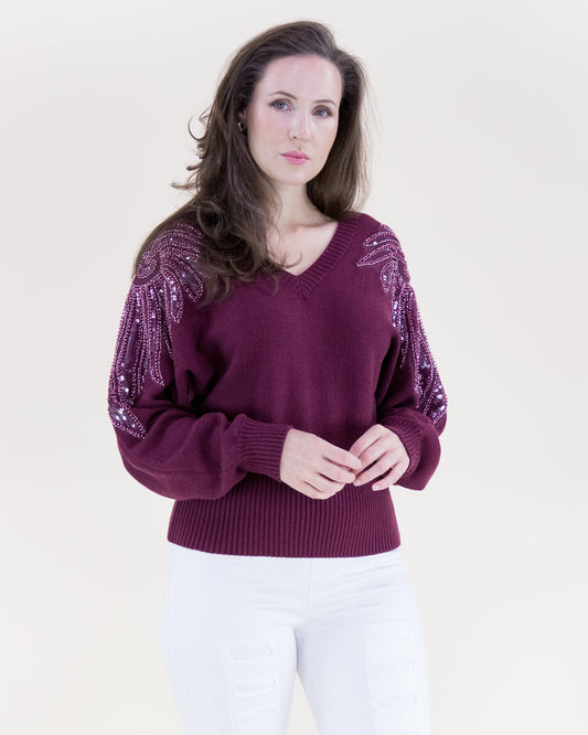 Tonal Beaded Feather Shoulder Embellished Sweater