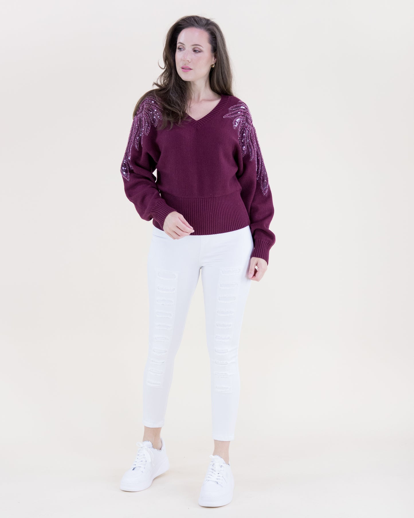 Tonal Beaded Feather Shoulder Embellished Sweater
