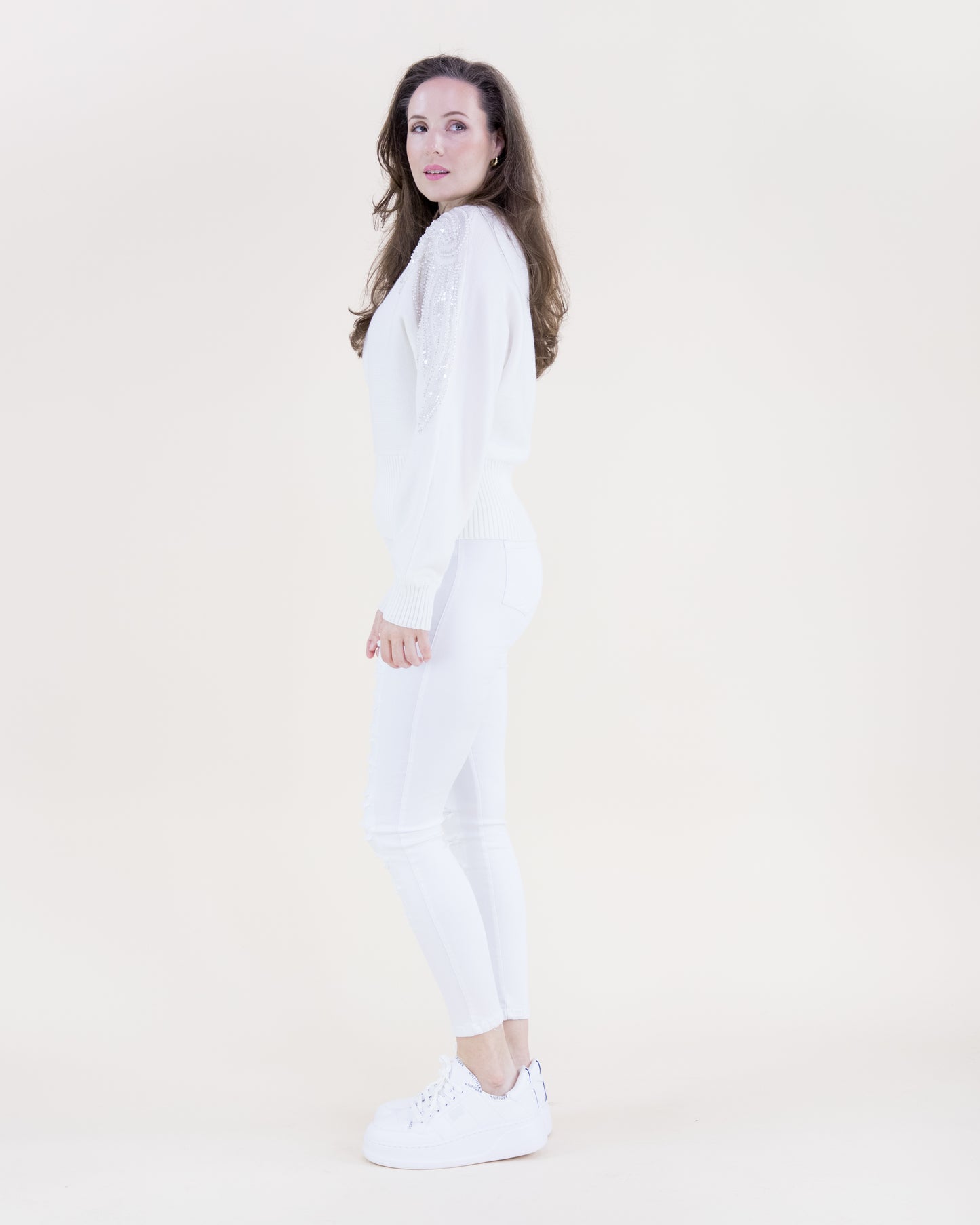 Tonal Beaded Feather Shoulder Embellished Sweater