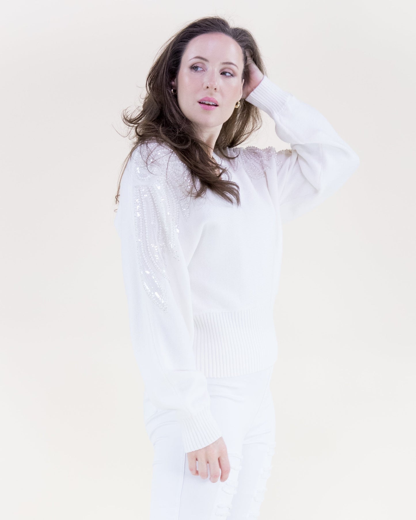 Tonal Beaded Feather Shoulder Embellished Sweater