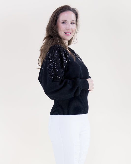 Winter Beaded Shoulder Embellished V-Neck Sweater