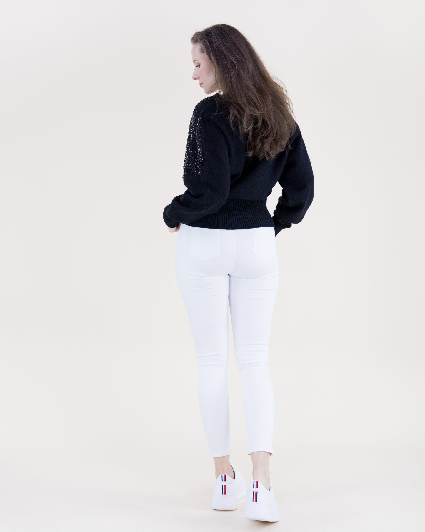Winter Beaded Shoulder Embellished V-Neck Sweater