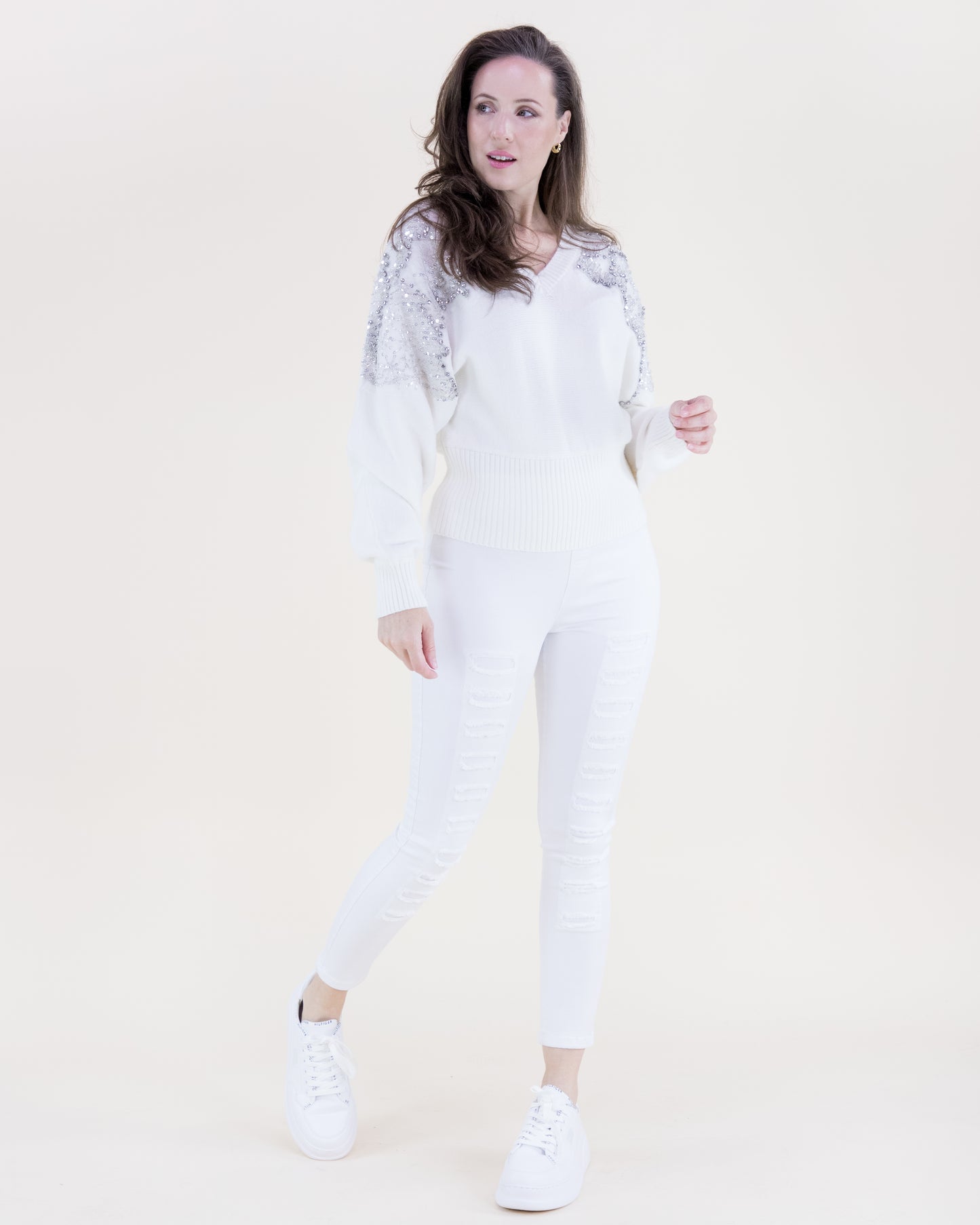 Winter Beaded Shoulder Embellished V-Neck Sweater
