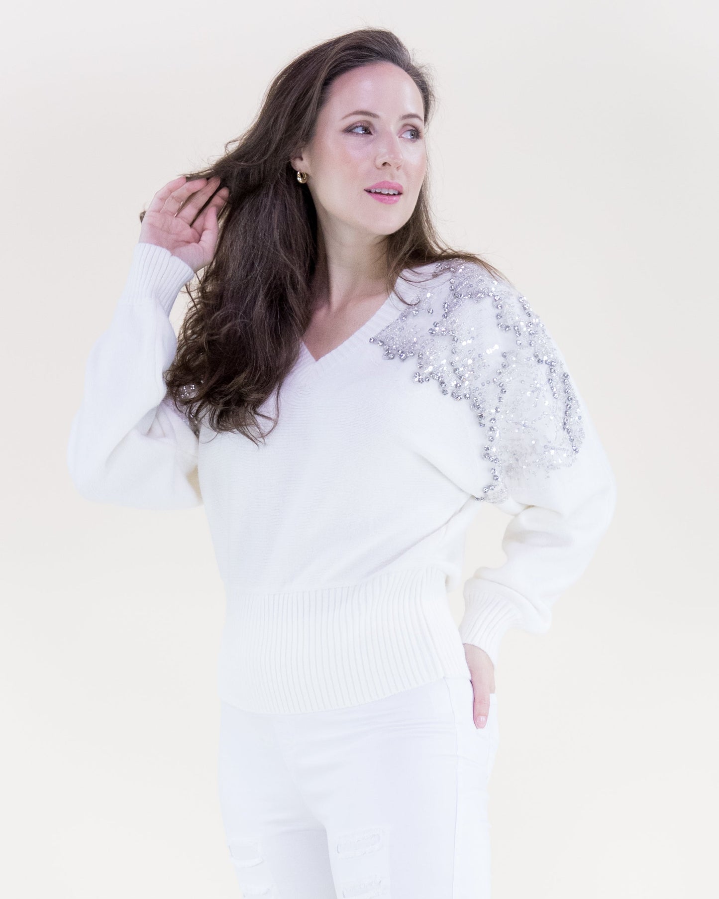 Winter Beaded Shoulder Embellished V-Neck Sweater