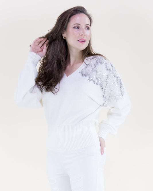 Winter Beaded Shoulder Embellished V-Neck Sweater