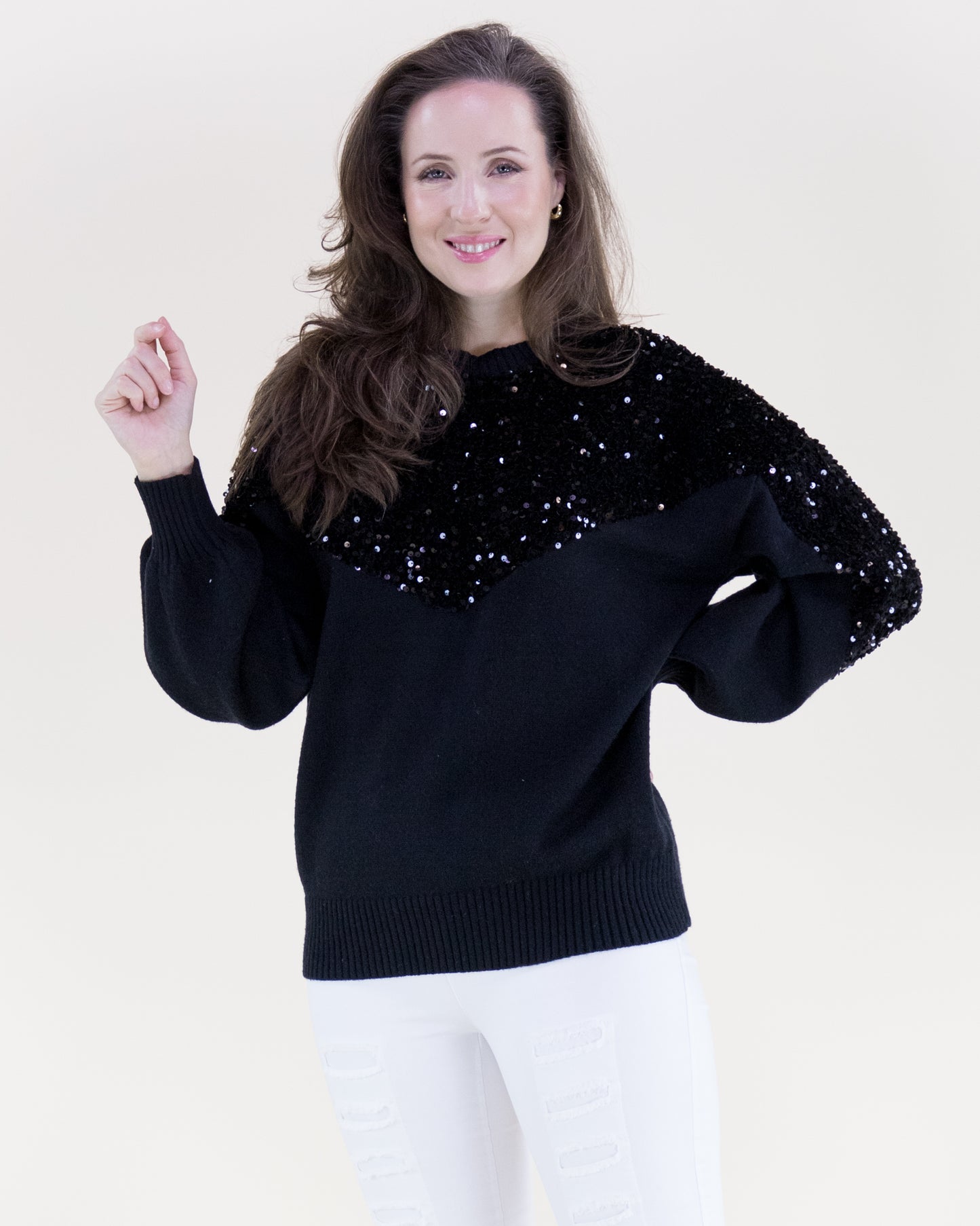 Sequin Yoke & Sleeves Crew Neck Sweater
