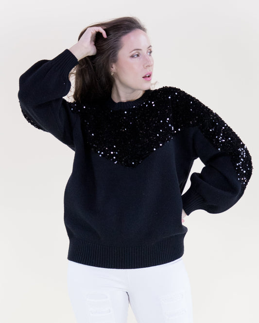 Sequin Yoke & Sleeves Crew Neck Sweater
