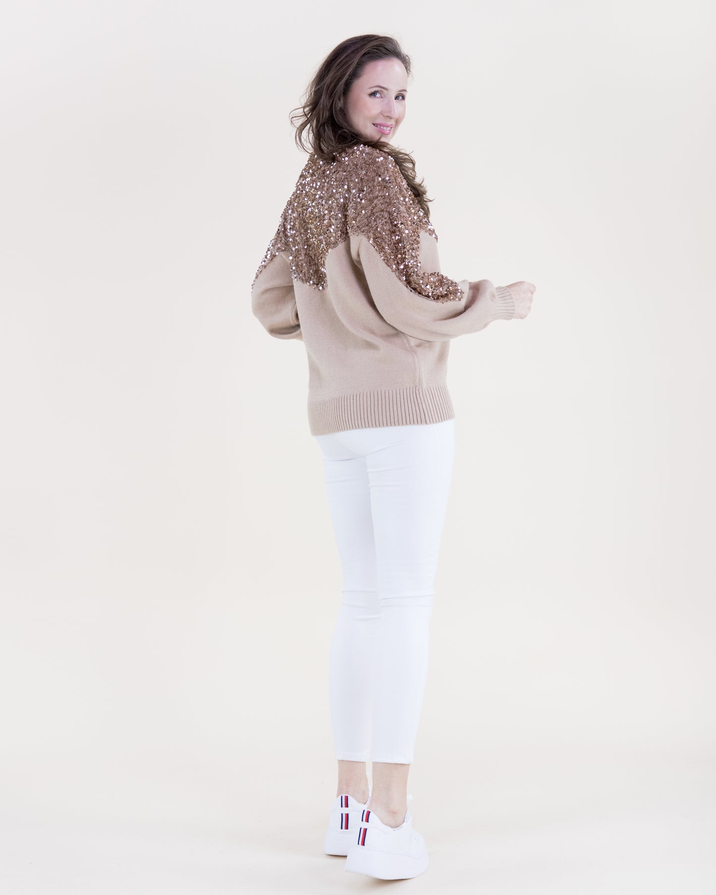 Sequin Yoke & Sleeves Crew Neck Sweater