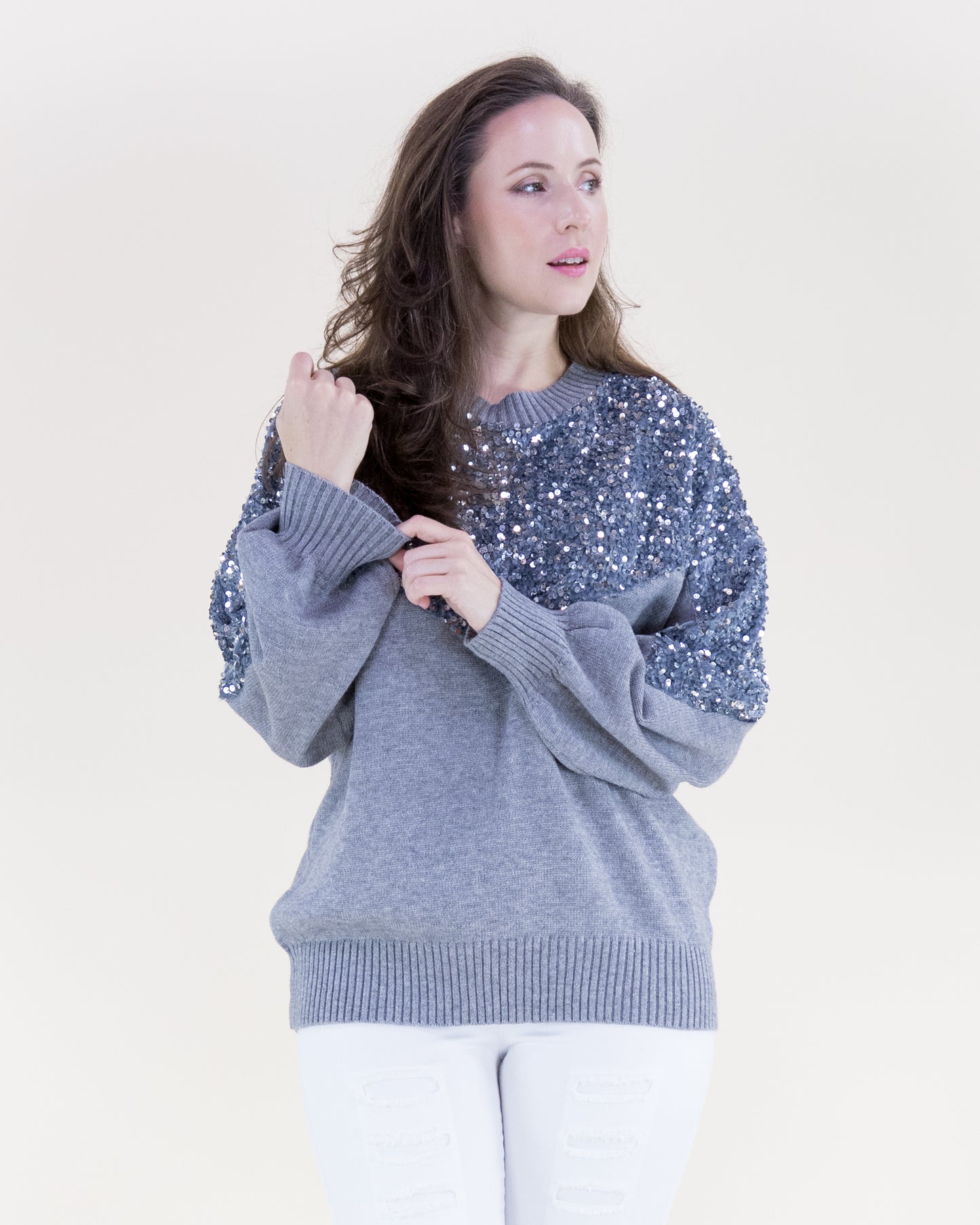 Sequin Yoke & Sleeves Crew Neck Sweater