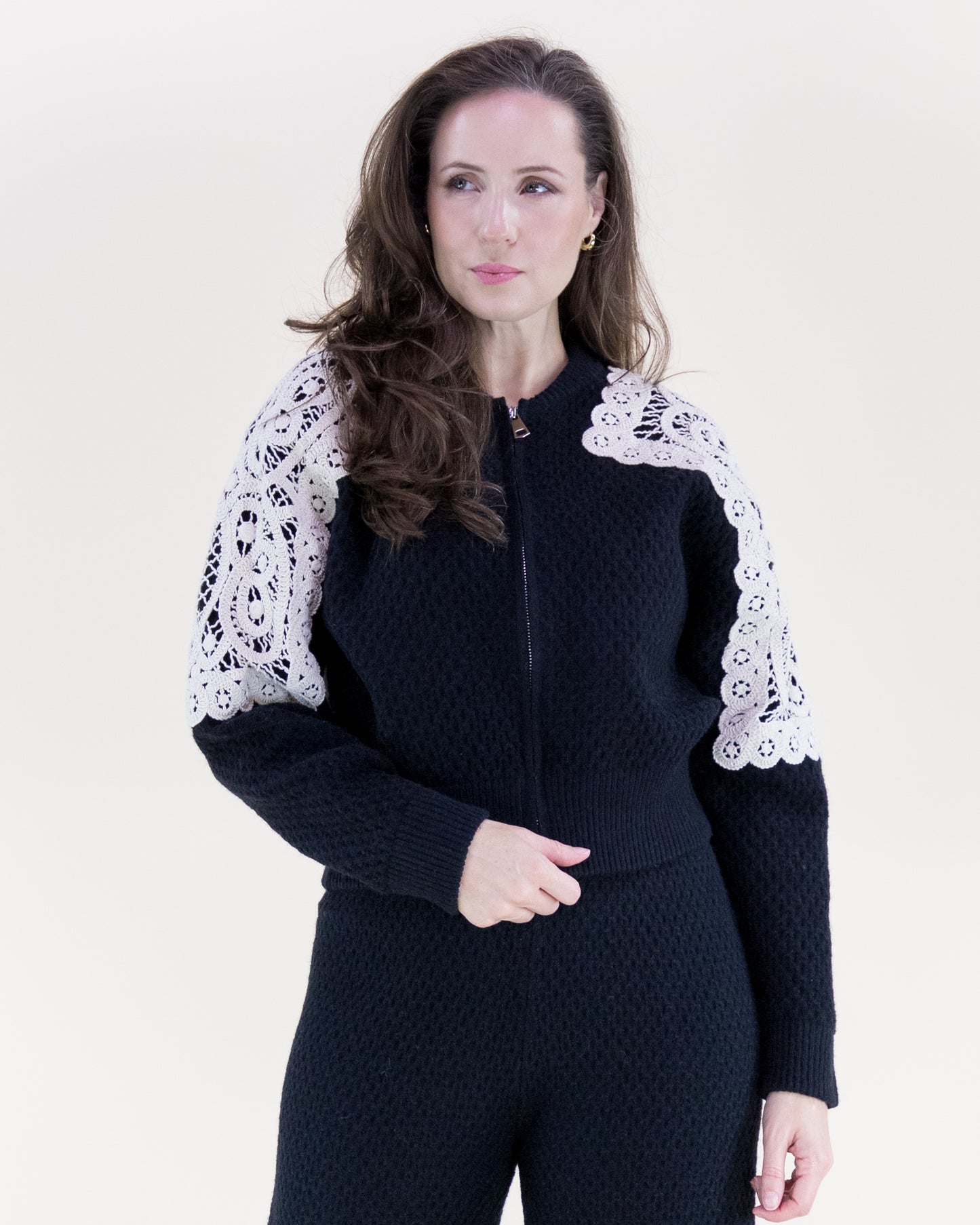 Honeycomb Stitch Crochet Shoulders Bomber Cardigan