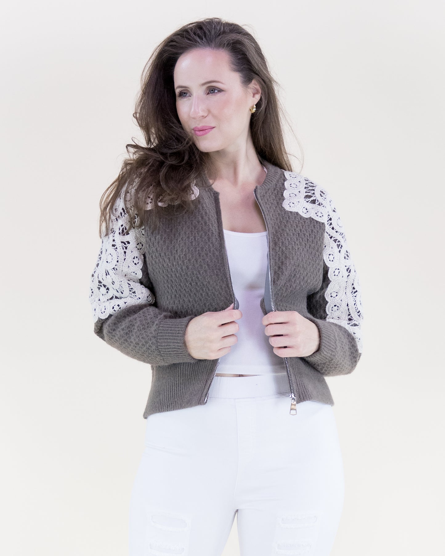 Honeycomb Stitch Crochet Shoulders Bomber Cardigan