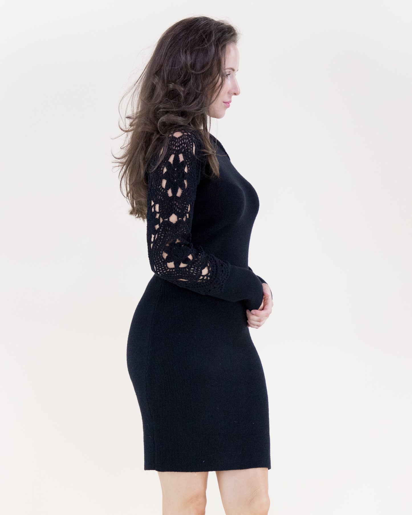 Crochet Sleeves Crew Neck Sweater Dress