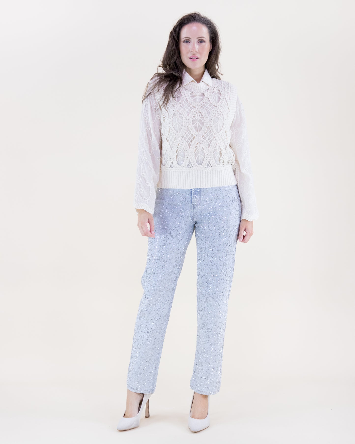 Oval Open Knit Crew Neck Sweater Vest