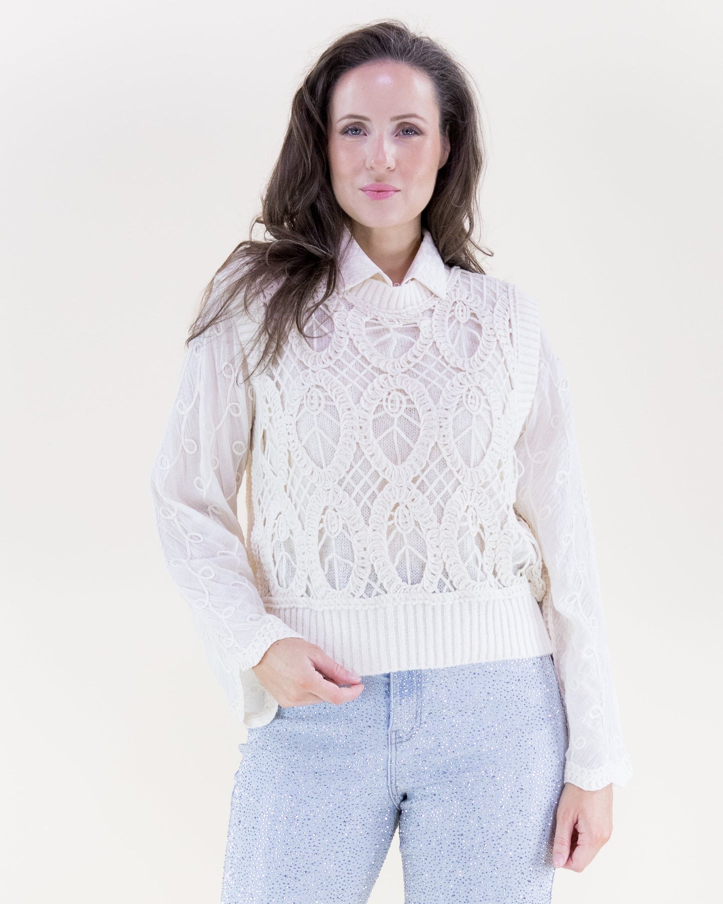 Oval Open Knit Crew Neck Sweater Vest