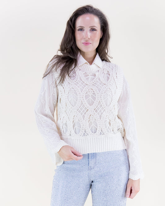 Oval Open Knit Crew Neck Sweater Vest
