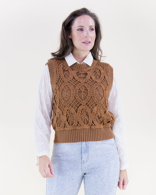 Oval Open Knit Crew Neck Sweater Vest