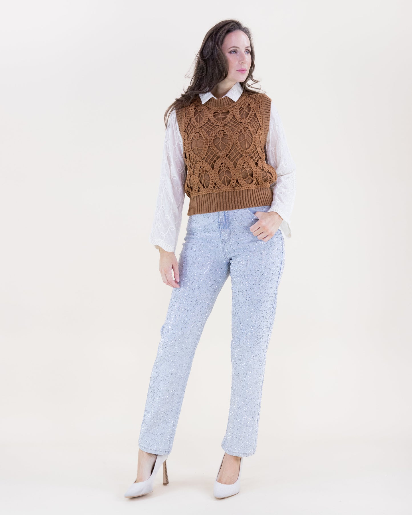 Oval Open Knit Crew Neck Sweater Vest