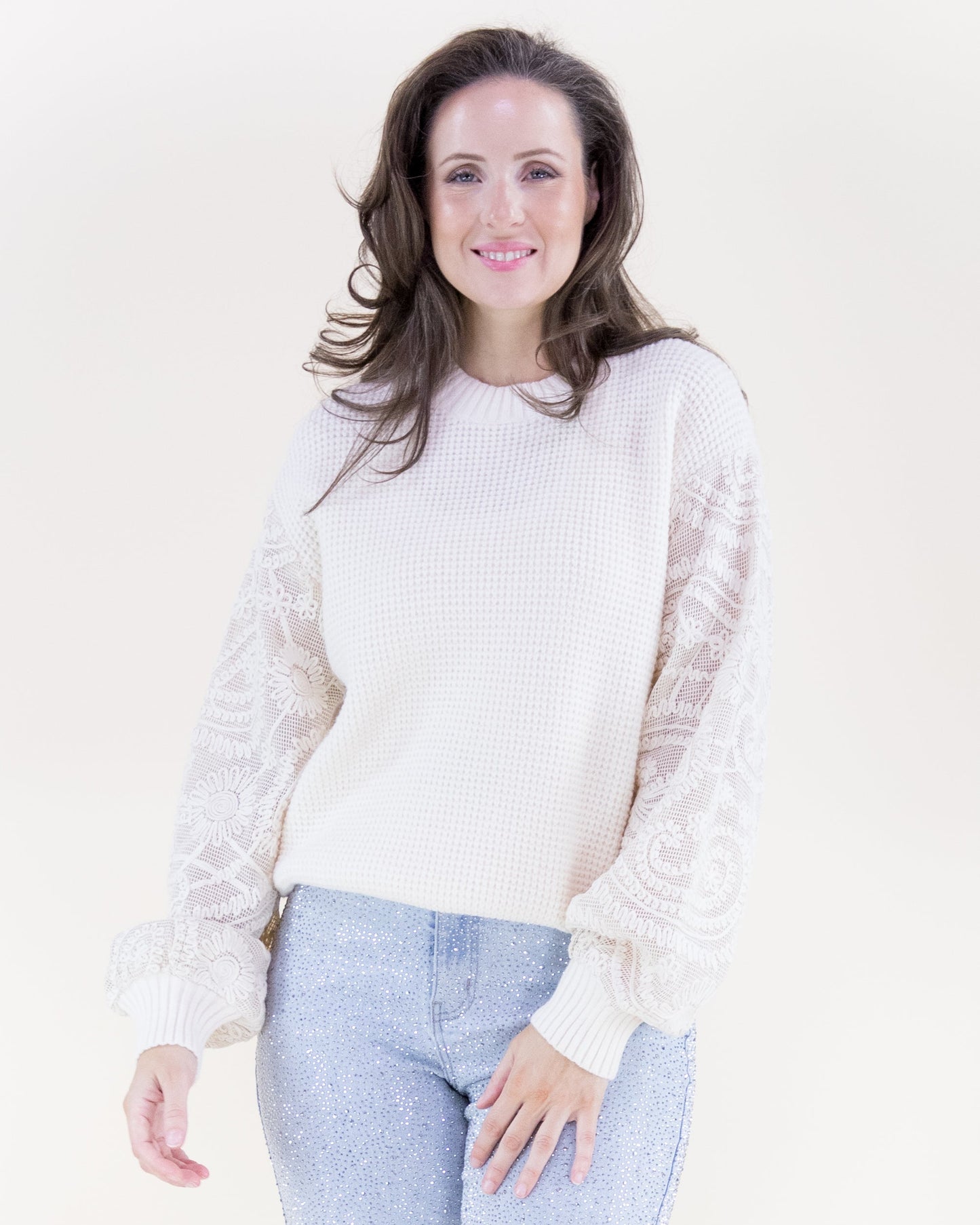 Waffle Stitch Floral Embroidered Sleeves Sweater