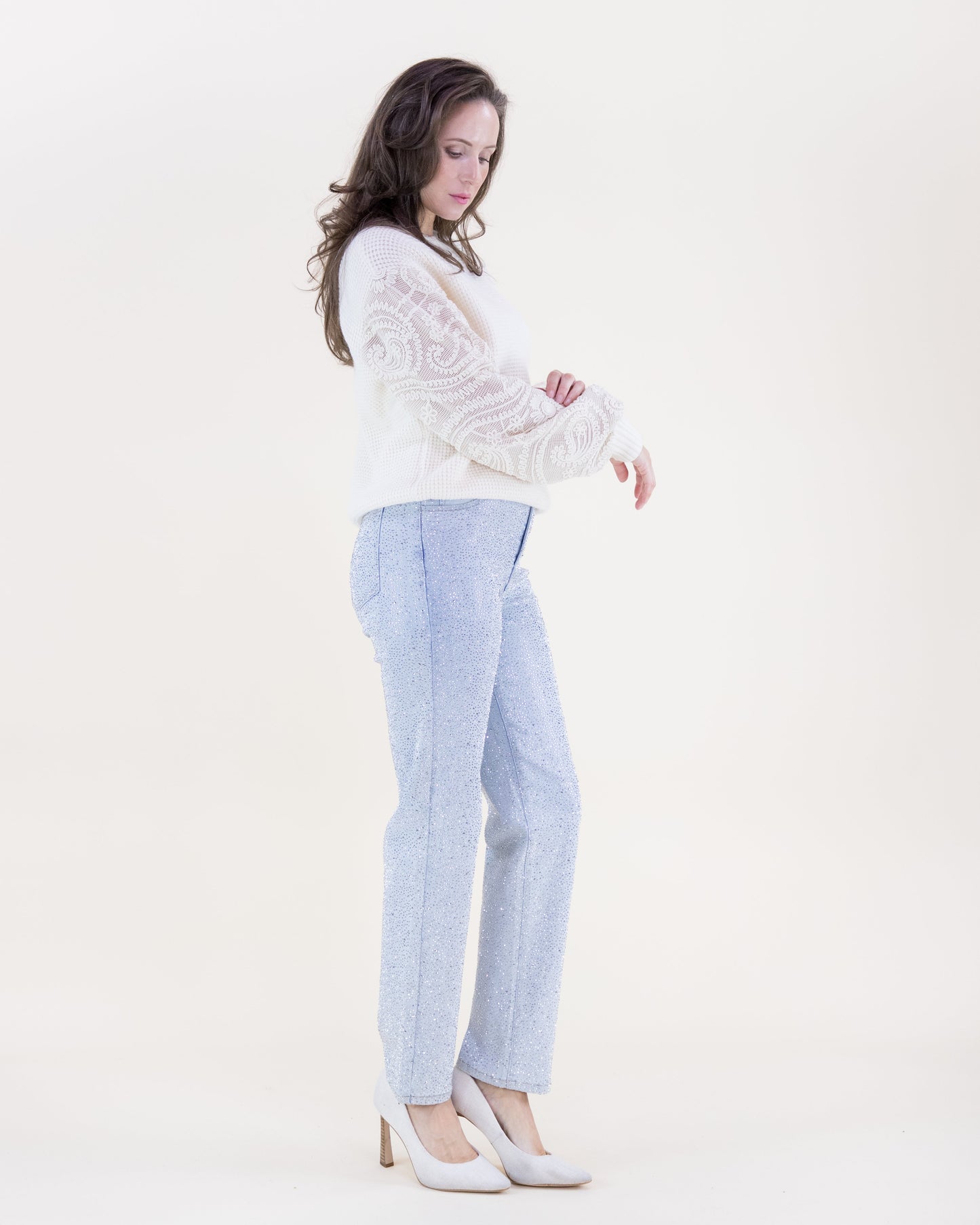 Waffle Stitch Floral Embroidered Sleeves Sweater