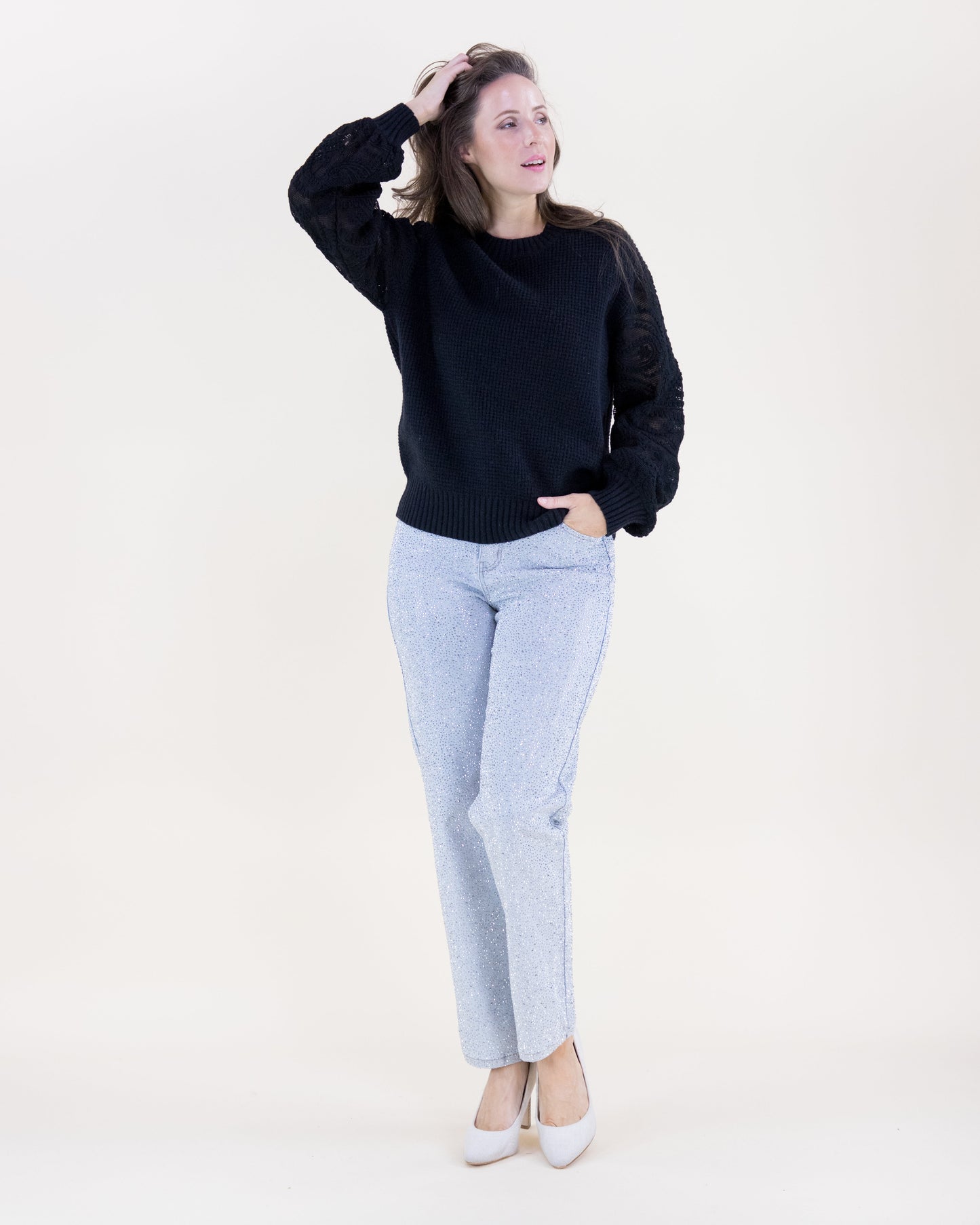 Waffle Stitch Floral Embroidered Sleeves Sweater