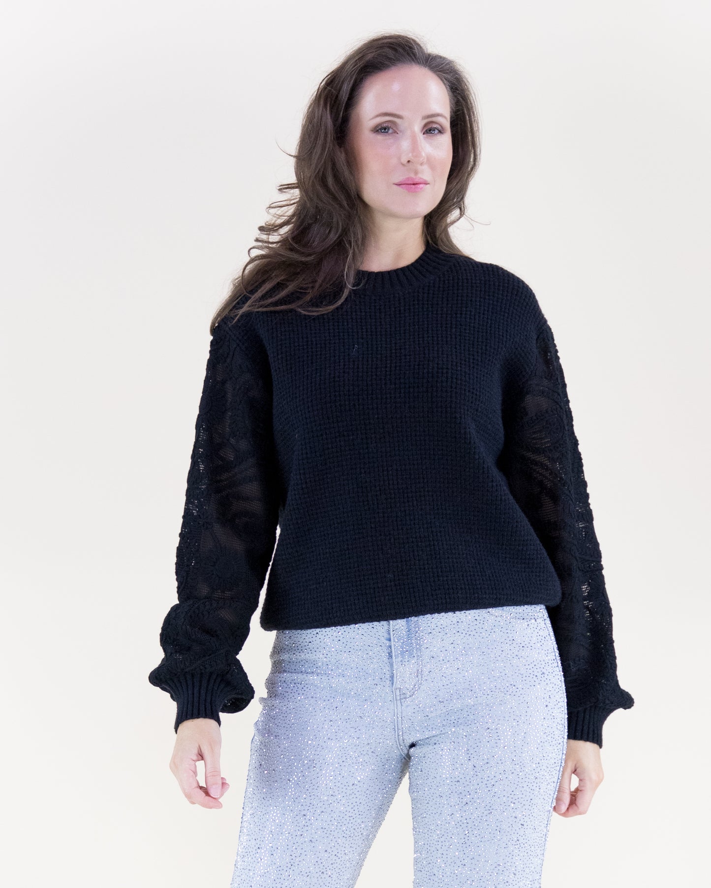Waffle Stitch Floral Embroidered Sleeves Sweater