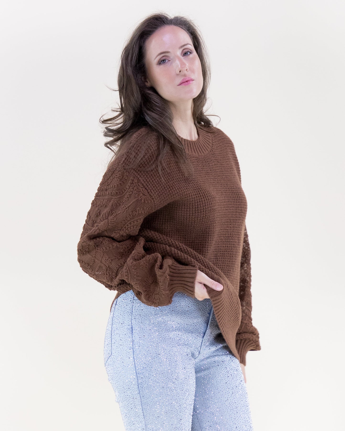 Waffle Stitch Floral Embroidered Sleeves Sweater