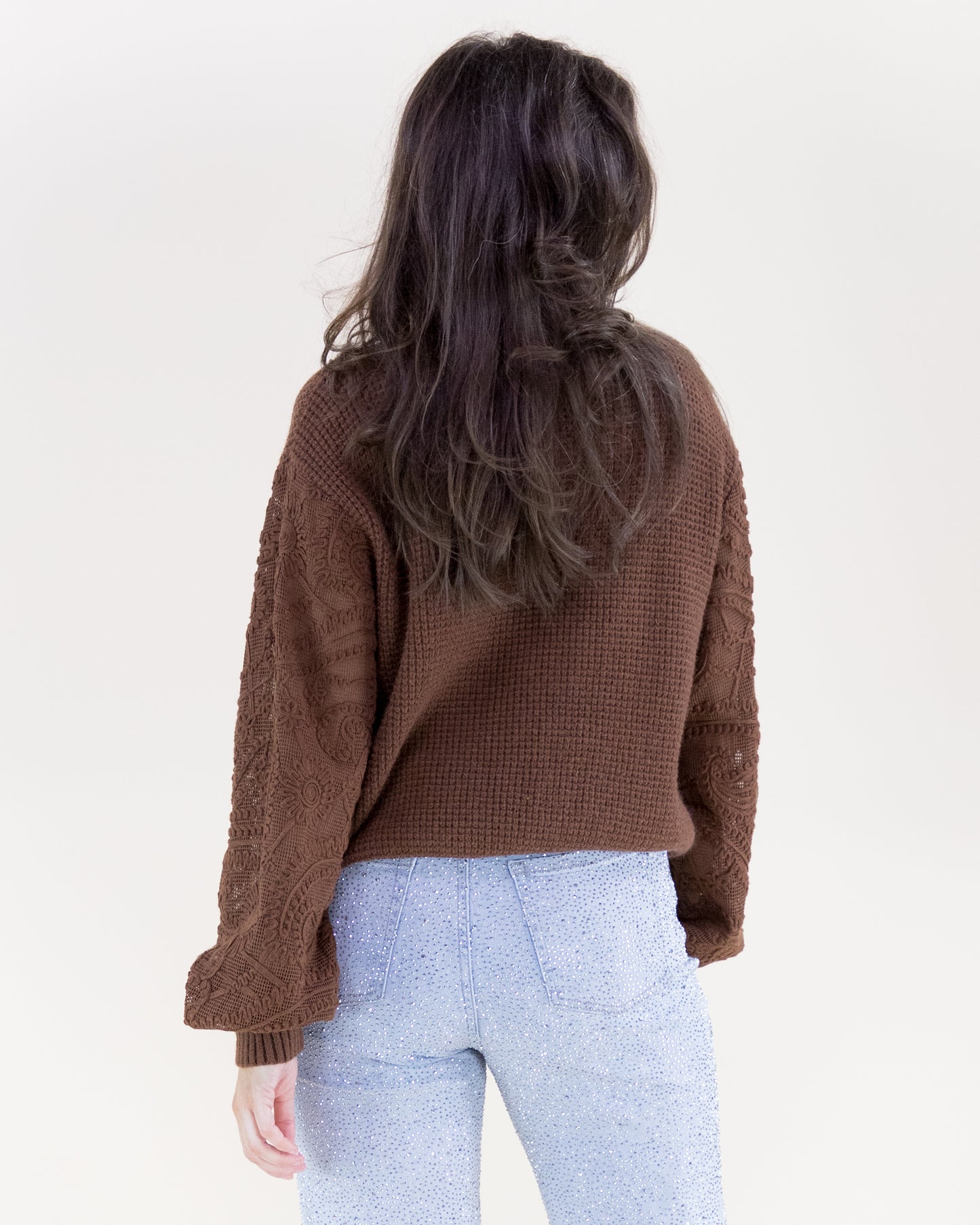 Waffle Stitch Floral Embroidered Sleeves Sweater