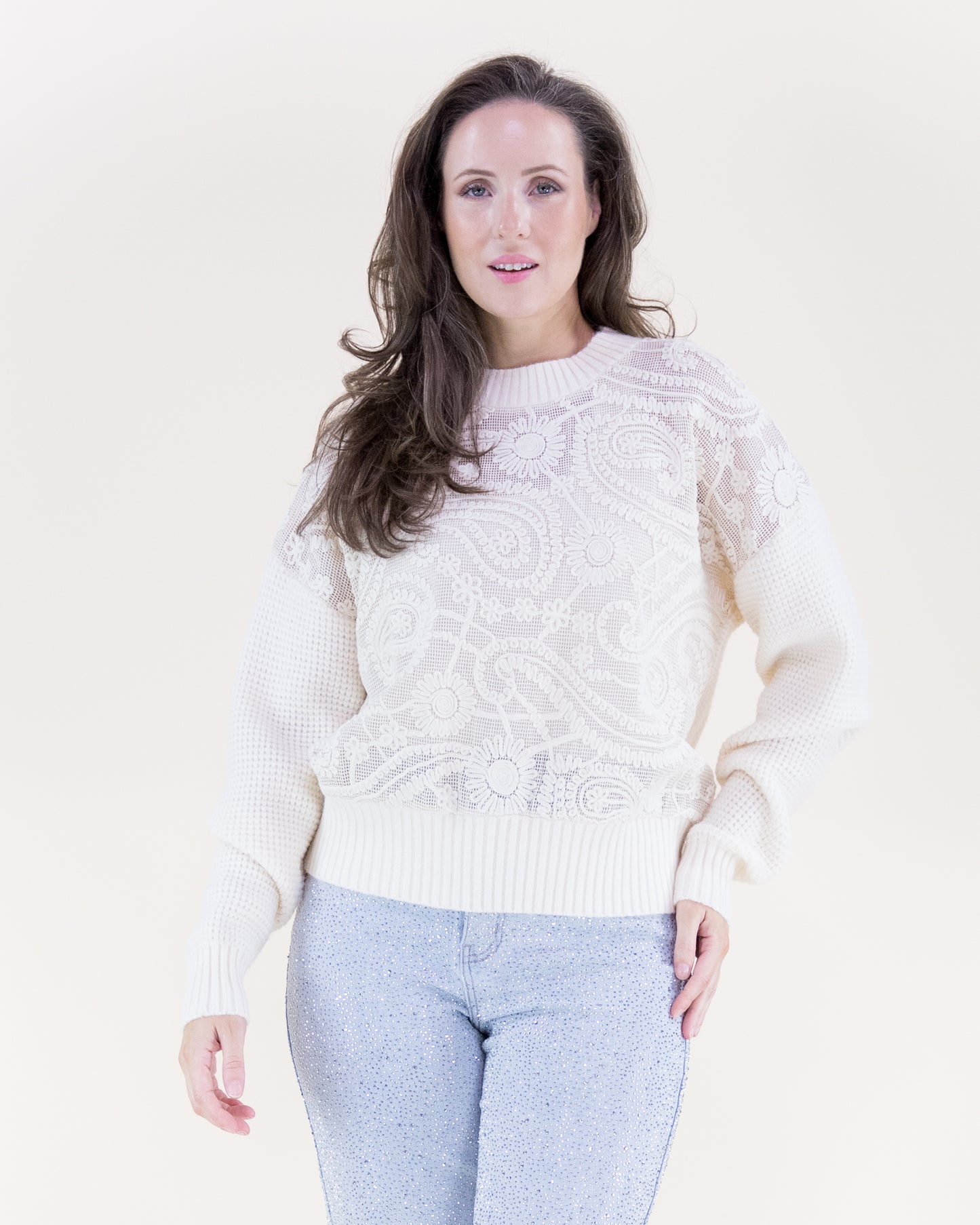Waffle Stitch Paisley Embroidered Sweater
