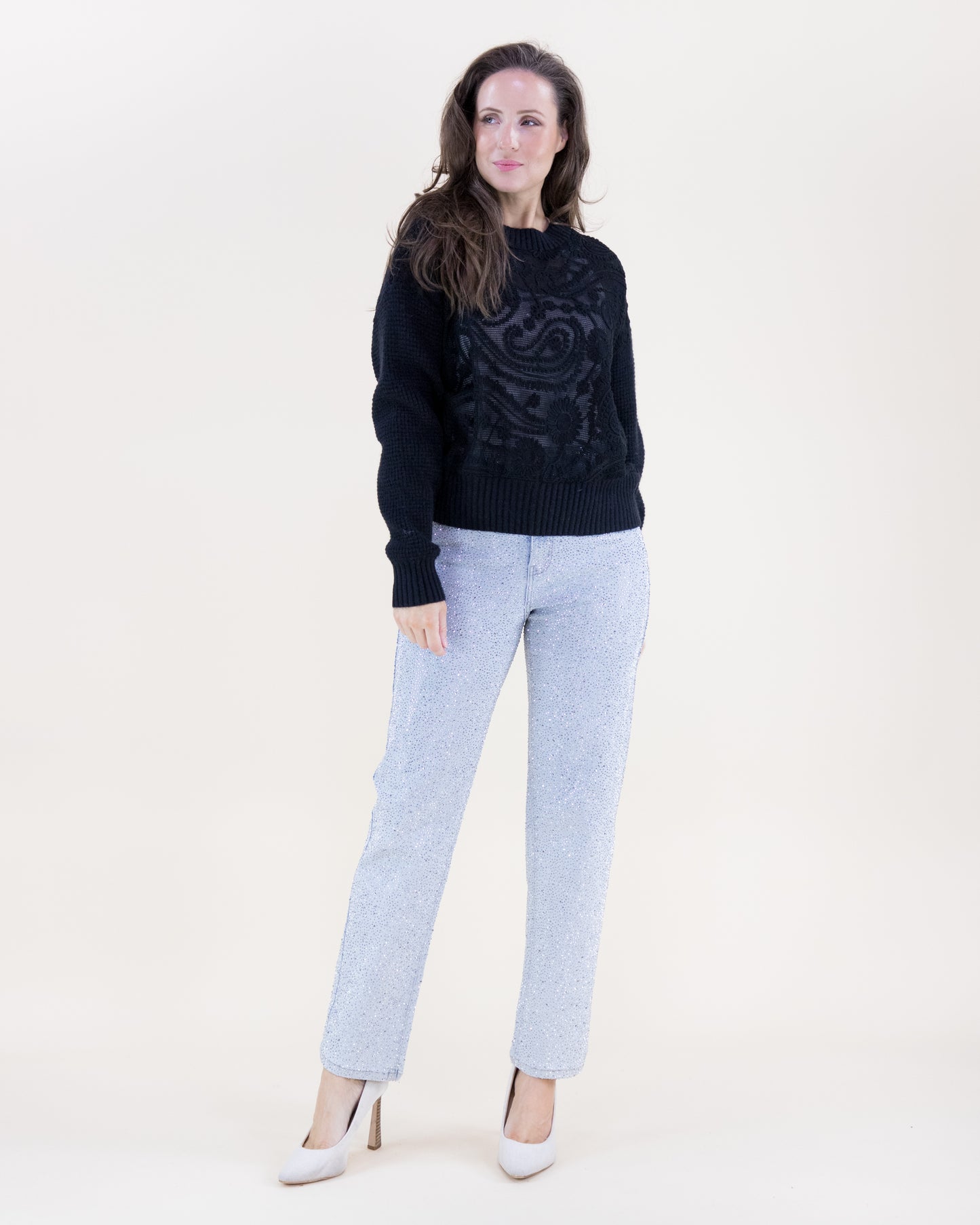 Waffle Stitch Paisley Embroidered Sweater