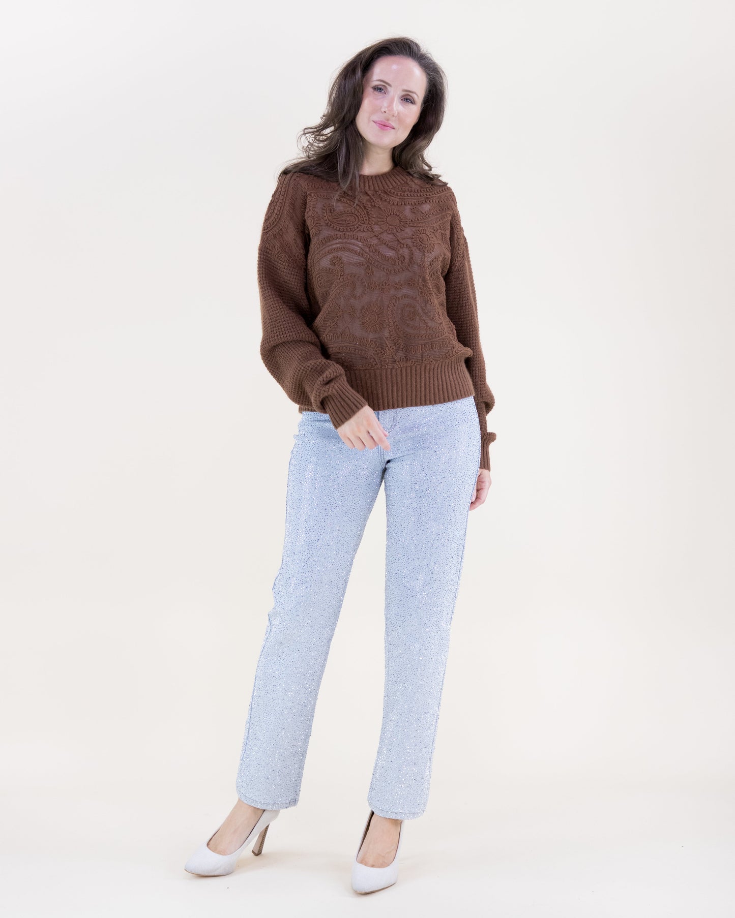 Waffle Stitch Paisley Embroidered Sweater