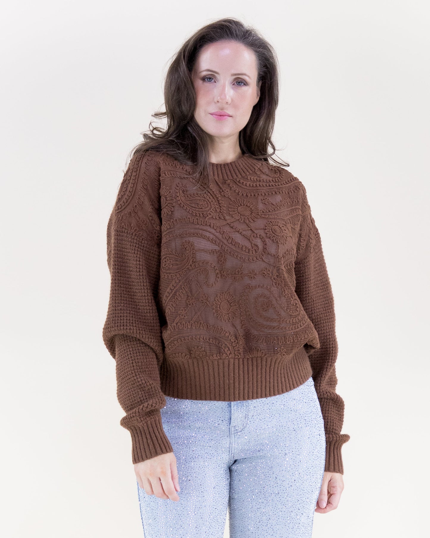 Waffle Stitch Paisley Embroidered Sweater