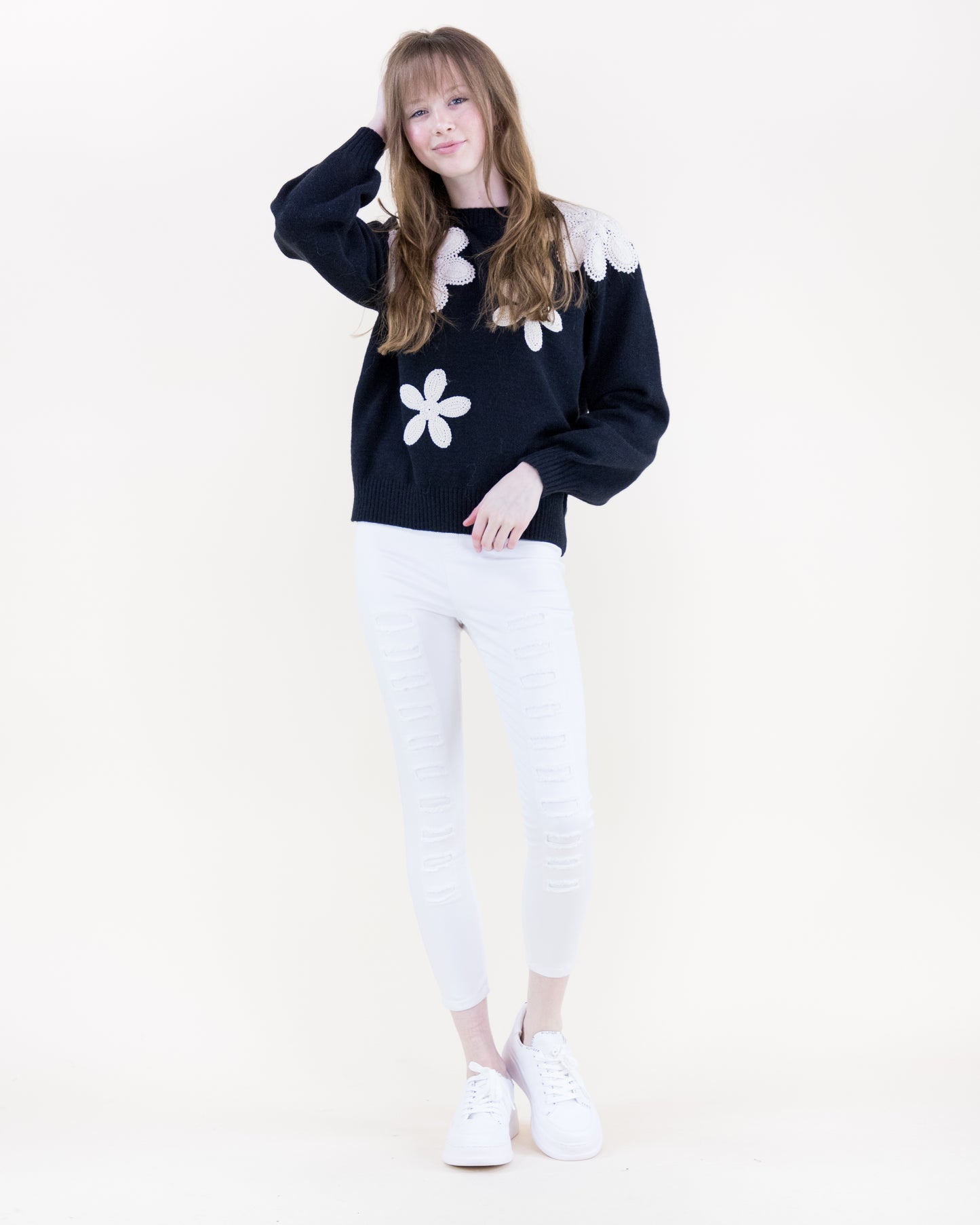 Crochet Embroidered Flowers Crew Neck Sweater